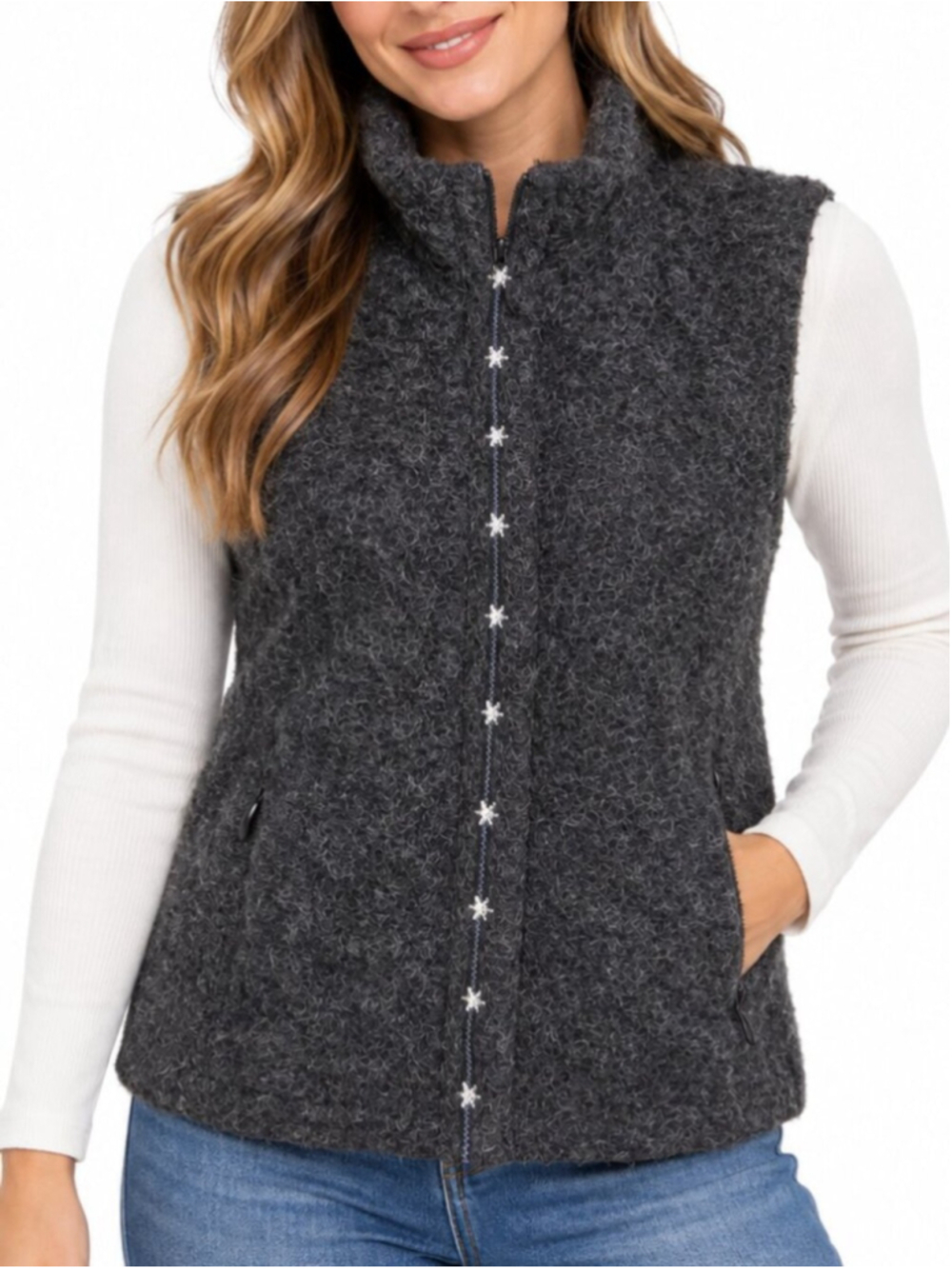 TSUNAMI Mohair Blend Zip Front Vest Charcoal Gray Medium Embroidered Snowflakes